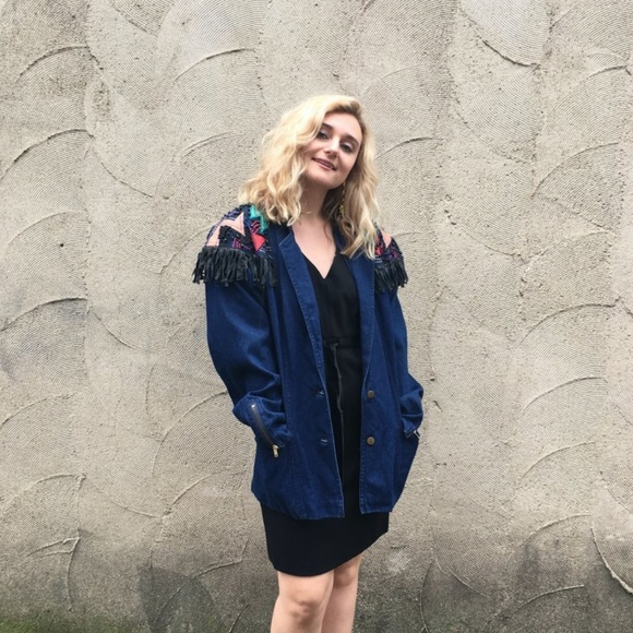 Multicolor Abstract Fringed Denim Jacket - Picture 2 of 4